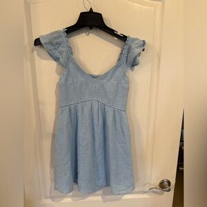 Hollister women’s blue short babydoll smocked mini ruffle dress w pockets small